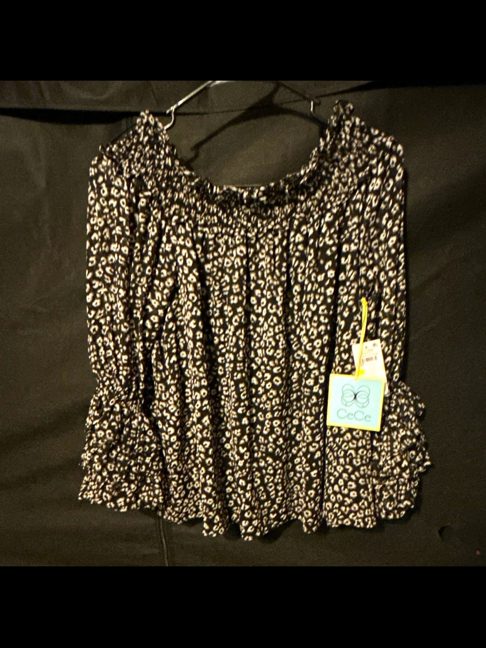 CeCe Black and White Smocked Off-Shoulder Animal-Print Blouse